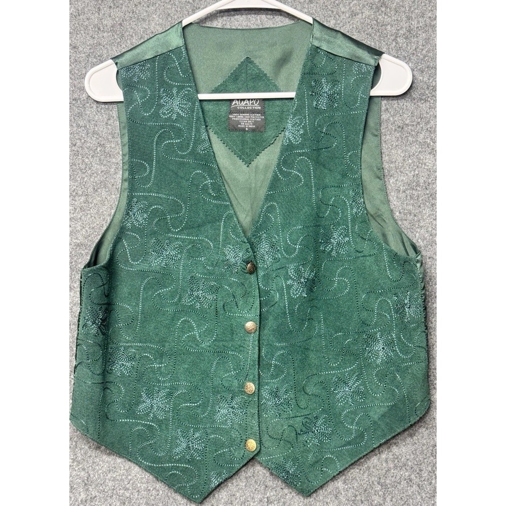 Vintage 90s Agapo Green Suede Leather Vest Women's S Embroidered Boho Western